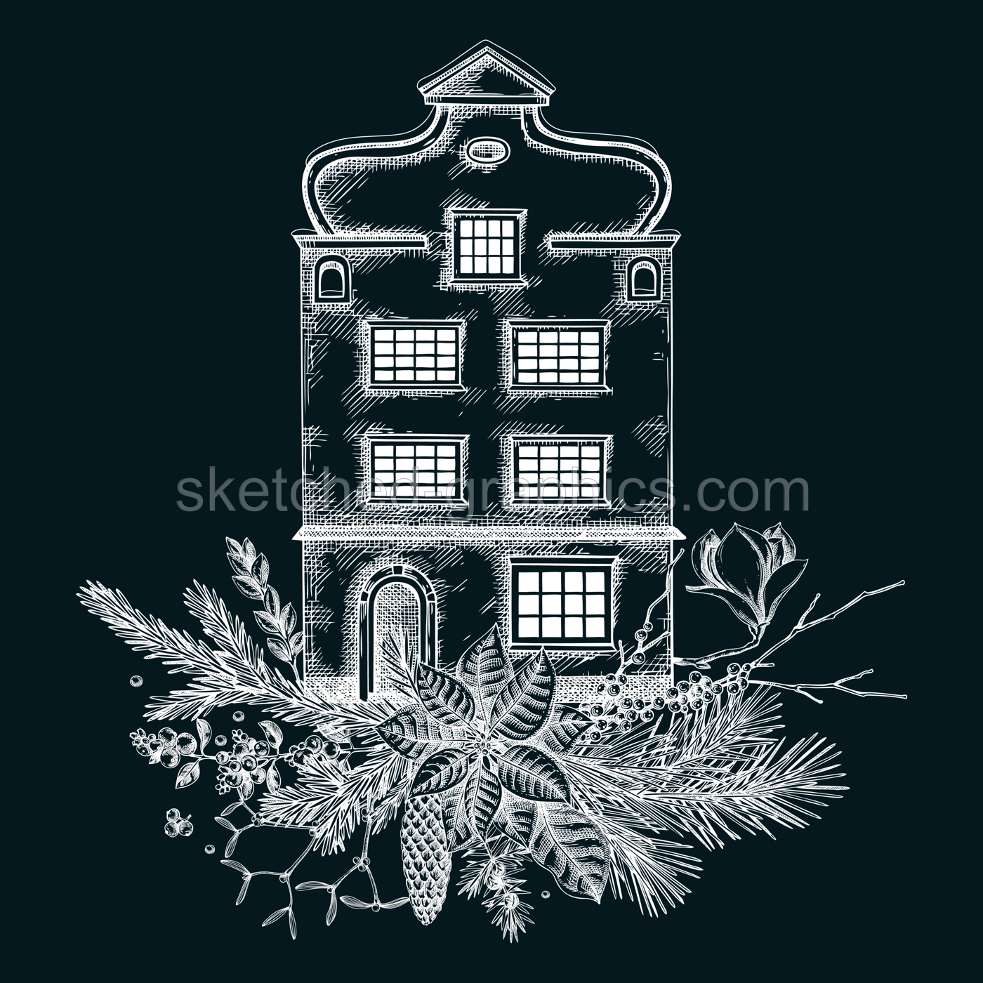 Christmas card design. Architecture sketch. Vintage house drawing on chalkboard. European winter hand-drawn vector illustration. Floral art. NOT AI generated Illustration